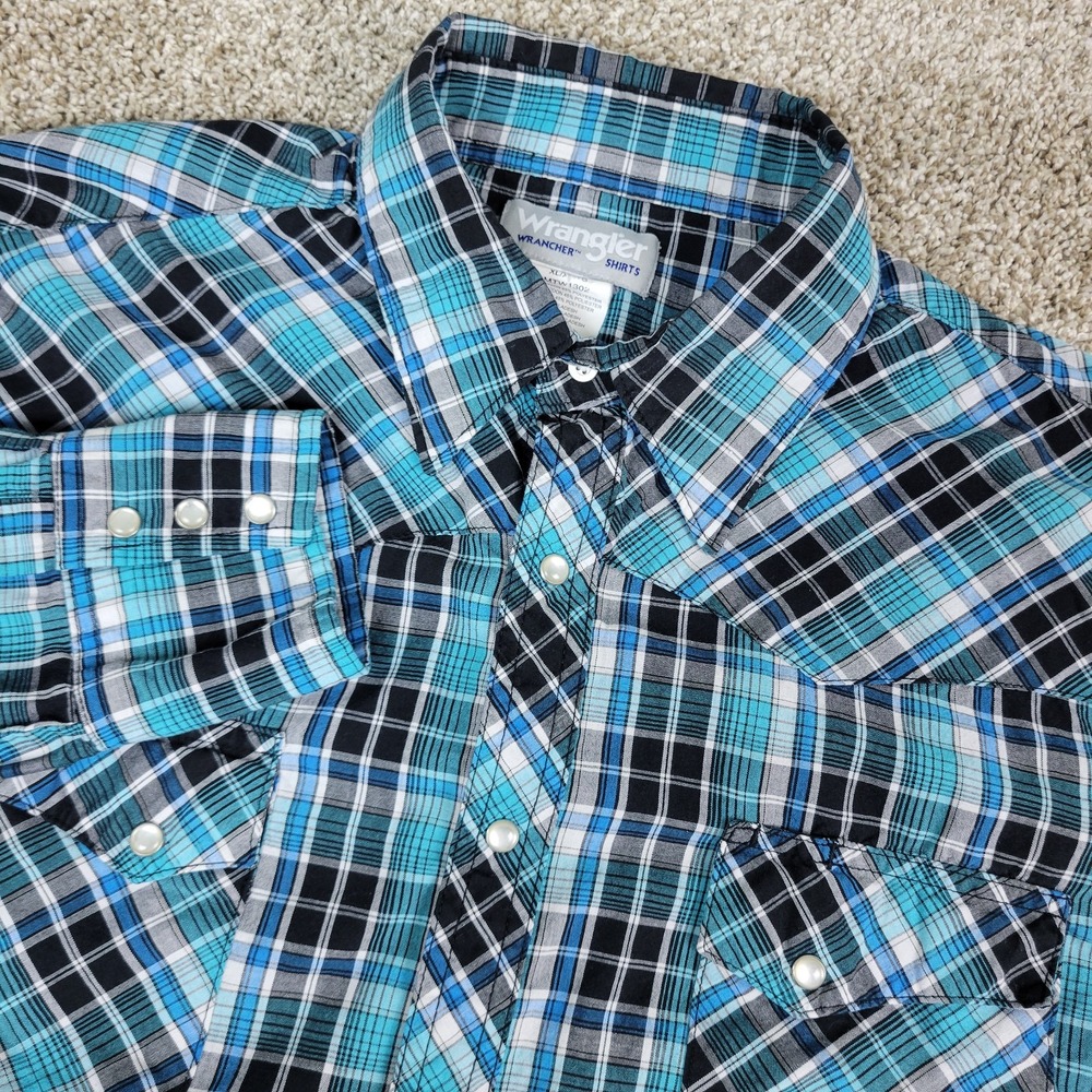 Wrangler Wrancher Mens XL Blue Plaid Pearl Snap Long Sleeve‎ Workshirt